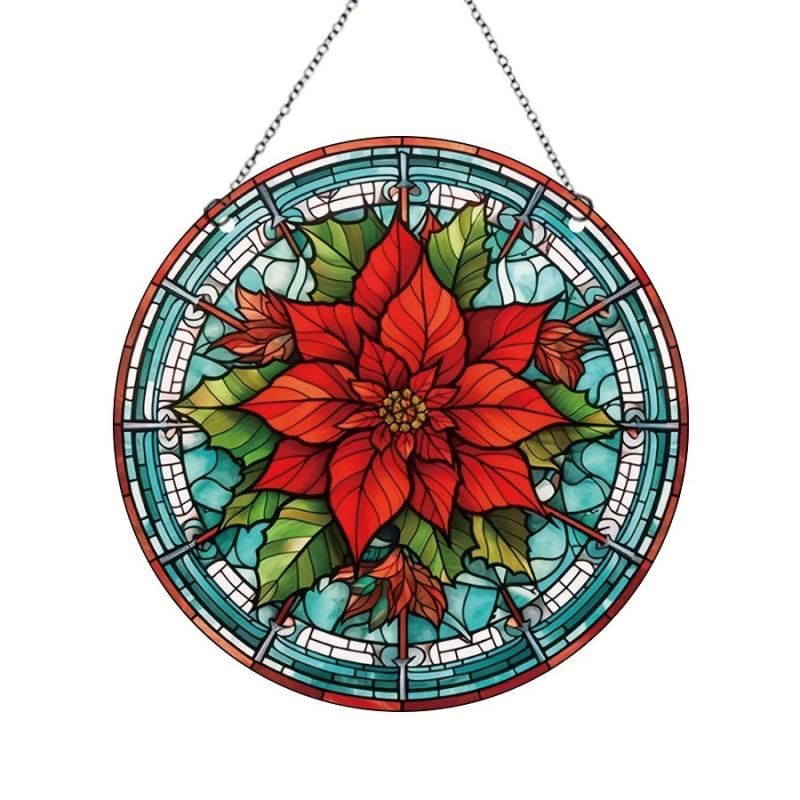 Christmas Acrylic Window Decoration Red Flowers Stained Glass Panel