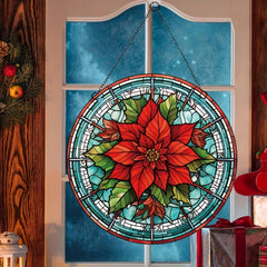 Christmas Acrylic Window Decoration Red Flowers Stained Glass Panel