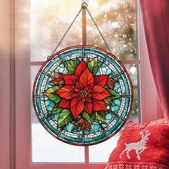 Christmas Acrylic Window Decoration Red Flowers Stained Glass Panel