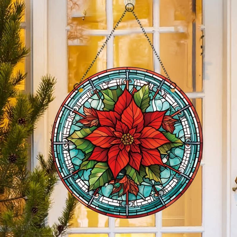 Christmas Acrylic Window Decoration Red Flowers Stained Glass Panel