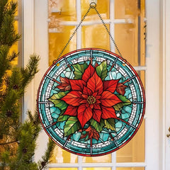 Christmas Acrylic Window Decoration Red Flowers Stained Glass Panel