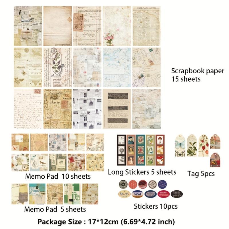 50 Sheets Vintage Scrapbook Paper Stickers and Sticky Paper Set