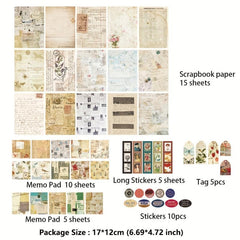 50 Sheets Vintage Scrapbook Paper Stickers and Sticky Paper Set