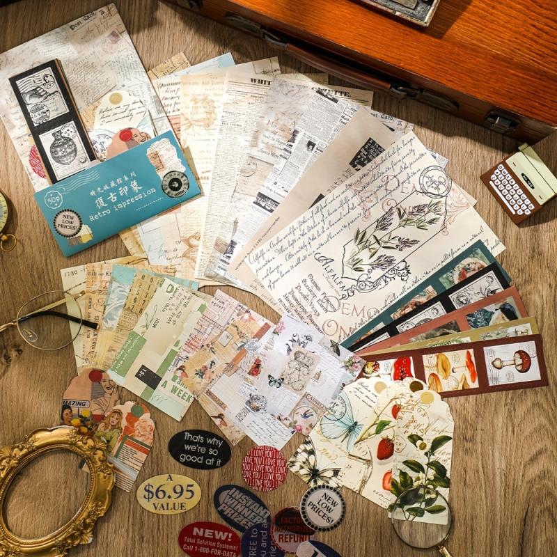 50 Sheets Vintage Scrapbook Paper Stickers and Sticky Paper Set