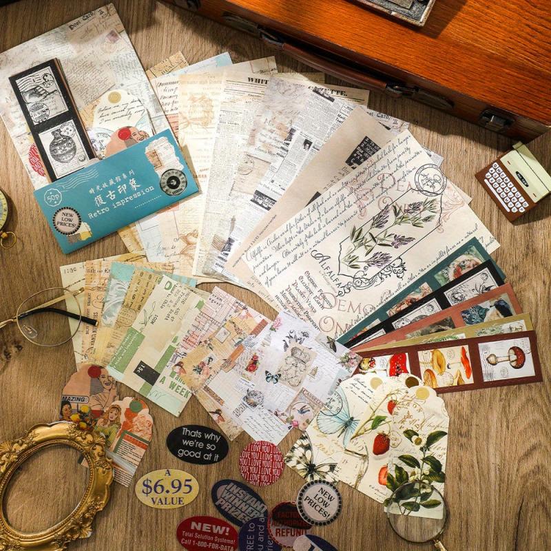 50 Sheets Vintage Scrapbook Paper Stickers and Sticky Paper Set