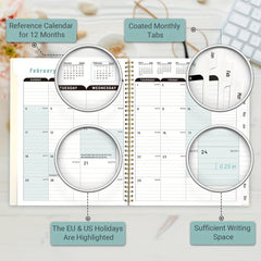 2022 Monthly Planner A4 Jan-Dec, Twin Wire Binding, Holidays, Notes, Back Pocket