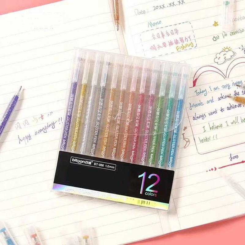 12 Glitter Gel Pens Set with Quicksand & Fluorescent Pens