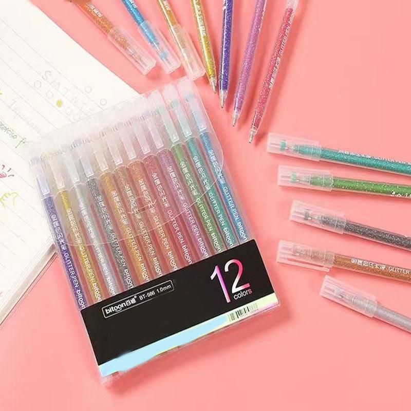 12 Glitter Gel Pens Set with Quicksand & Fluorescent Pens