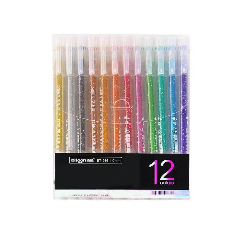 12 Glitter Gel Pens Set with Quicksand & Fluorescent Pens