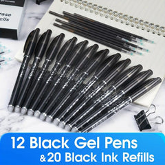 12pcs Erasable Gel Pens Dark Grey 0.5mm Tip Rub Out Pens with Rubber