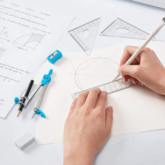 10pcs Geometry Compass Set w/ Storage Box Rulers Protractor Eraser Sharpener Pen