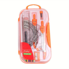 10pcs Geometry Compass Set w/ Storage Box Rulers Protractor Eraser Sharpener Pen