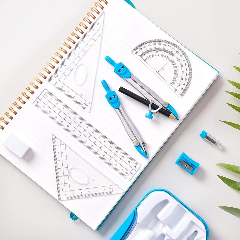 10pcs Geometry Compass Set w/ Storage Box Rulers Protractor Eraser Sharpener Pen