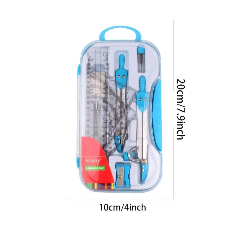 10pcs Geometry Compass Set w/ Storage Box Rulers Protractor Eraser Sharpener Pen