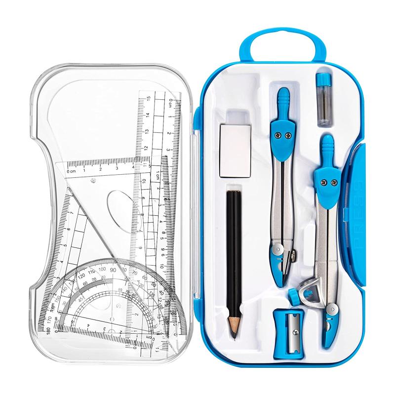 10pcs Geometry Compass Set w/ Storage Box Rulers Protractor Eraser Sharpener Pen