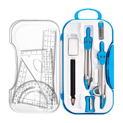 10pcs Geometry Compass Set w/ Storage Box Rulers Protractor Eraser Sharpener Pen