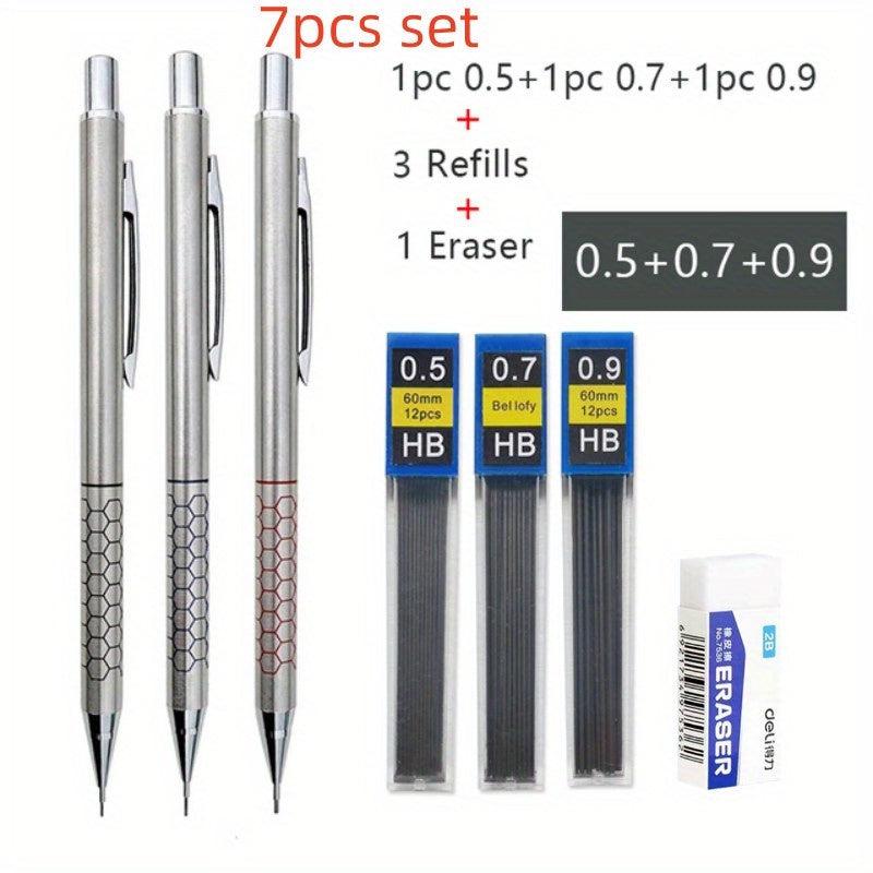 7pcs Metal Mech Pencil Set 0.5 0.7 0.9mm Students Writing Art Drawing