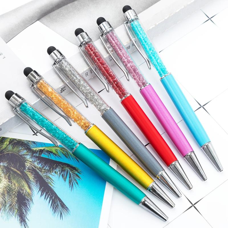 6pcs 2 in 1 Crystal Pens Stylus Metal Gem Ink Ballpoint 6 Colors