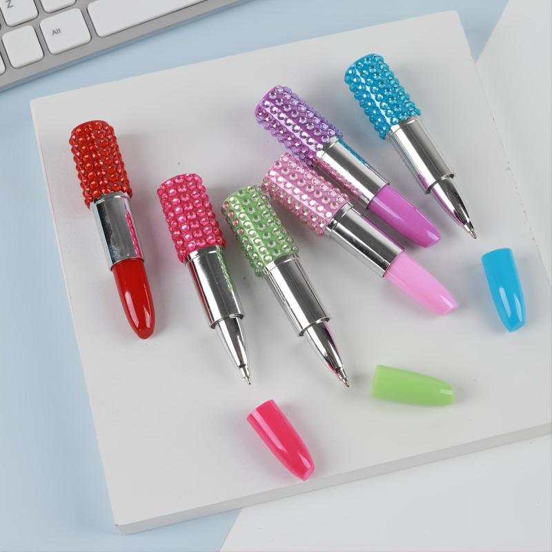 6pcs Rhinestone Lipstick Ballpoint Pen 3.9 Inch