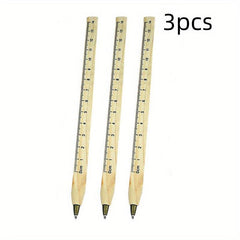 3pcs Multifunctional Ballpoint Pens with Wooden Ruler for School & Office