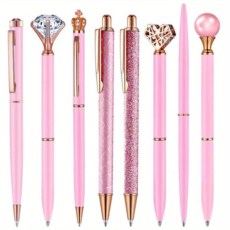 8pcs Pink Ballpoint Pen Set Crystal Diamond Fancy Pens Retractable Ink