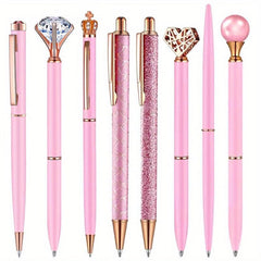 8pcs Pink Ballpoint Pen Set Crystal Diamond Fancy Pens Retractable Ink