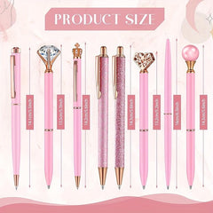8pcs Pink Ballpoint Pen Set Crystal Diamond Fancy Pens Retractable Ink