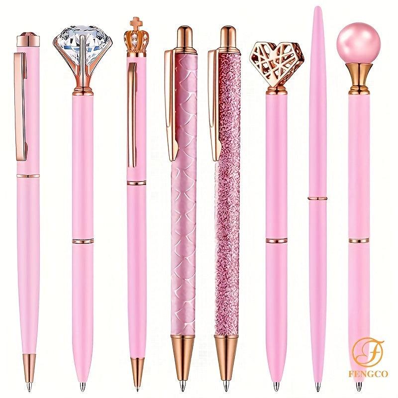 8pcs Pink Ballpoint Pen Set Crystal Diamond Fancy Pens Retractable Ink