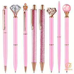 8pcs Pink Ballpoint Pen Set Crystal Diamond Fancy Pens Retractable Ink