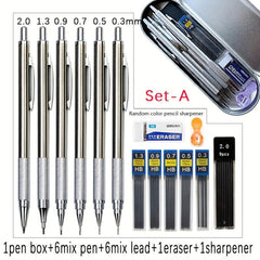 6pcs Metal Mechanical Pencil Set 0.3-2.0mm Art Sketch Automatic Pencil