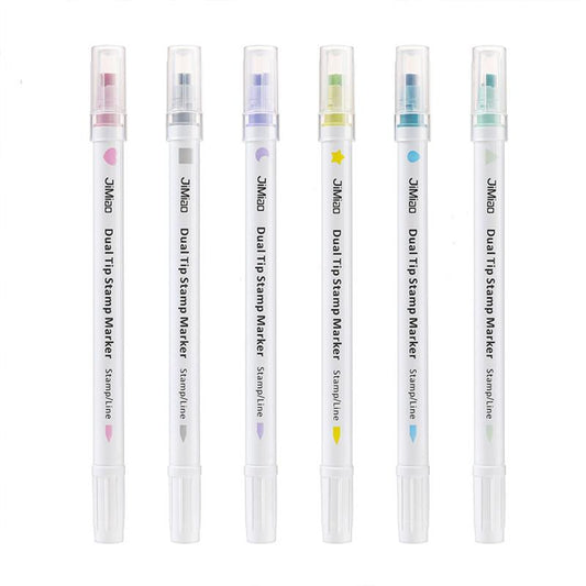 6 Piece Double Tip Permanent Marker Set Colorful Pens for Line & Stamp Marking