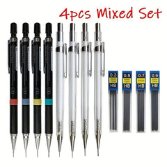 4pcs Transparent Mechanical Pencil Set 0.3-0.9mm Art Sketch Writing Supplies