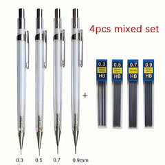 4pcs Transparent Mechanical Pencil Set 0.3-0.9mm Art Sketch Writing Supplies