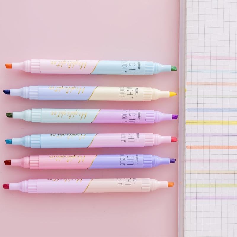 6pcs Dual Head Dual Highlighter Student Lesson Book Marker Pen