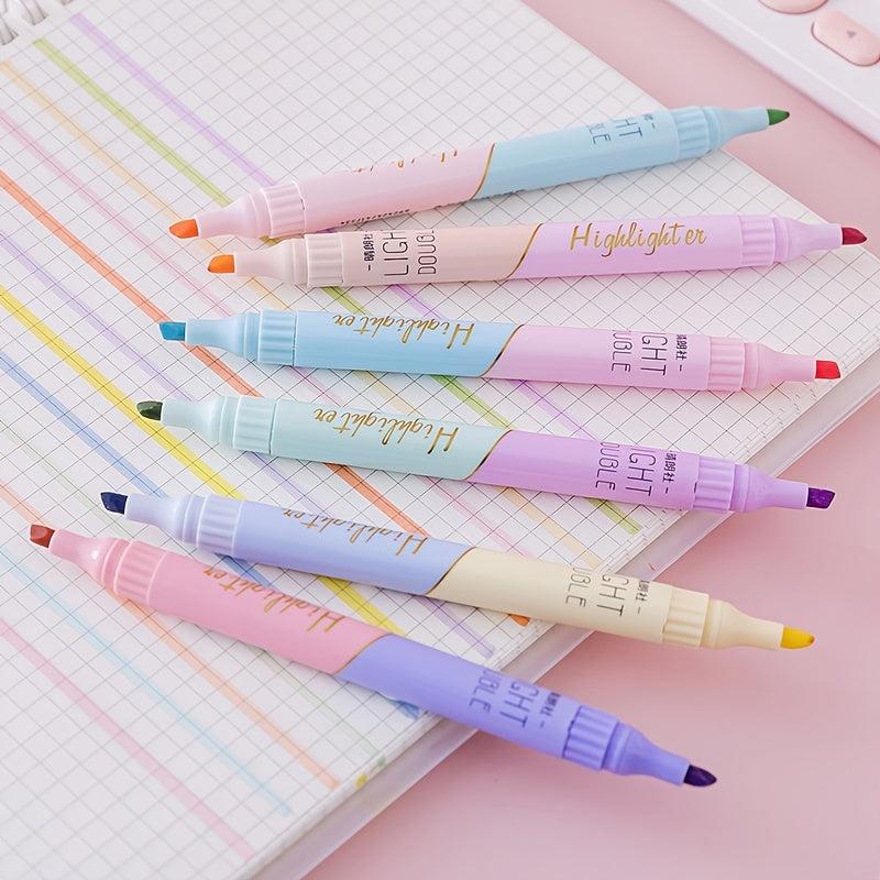 6pcs Dual Head Dual Highlighter Student Lesson Book Marker Pen