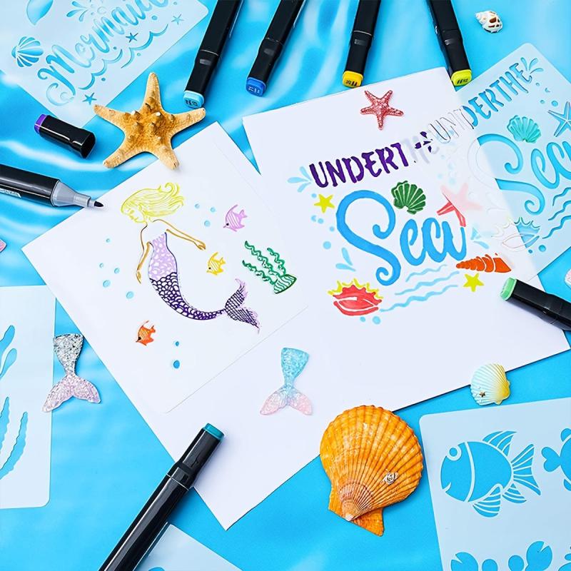 20 Mermaid Ocean Creatures Stencils Reusable Painting Templates DIY Crafts