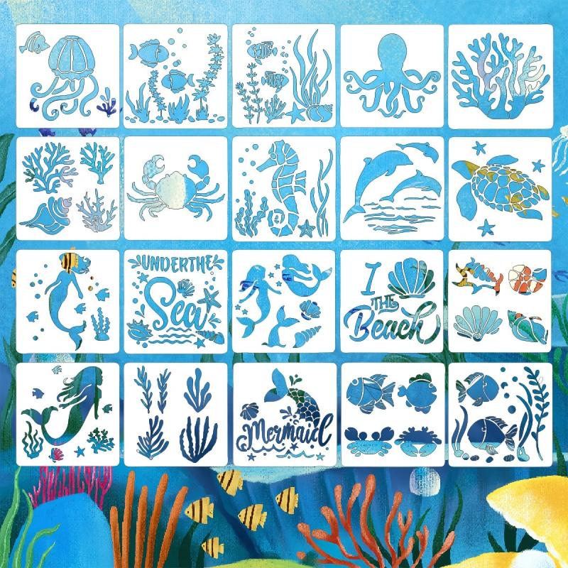 20 Mermaid Ocean Creatures Stencils Reusable Painting Templates DIY Crafts