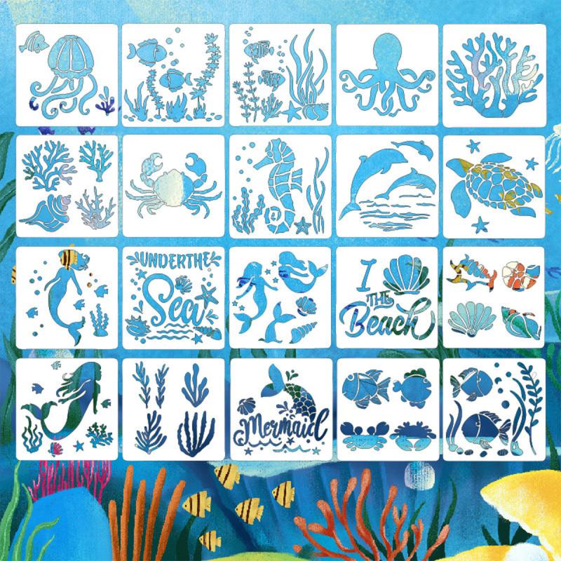 20 Mermaid Ocean Creatures Stencils Reusable Painting Templates DIY Crafts