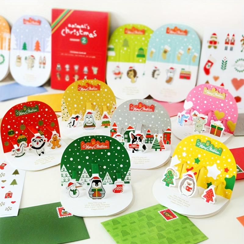 3D Christmas Greeting Card Set - 10 Cards, 2 Stickers, Envelopes Included