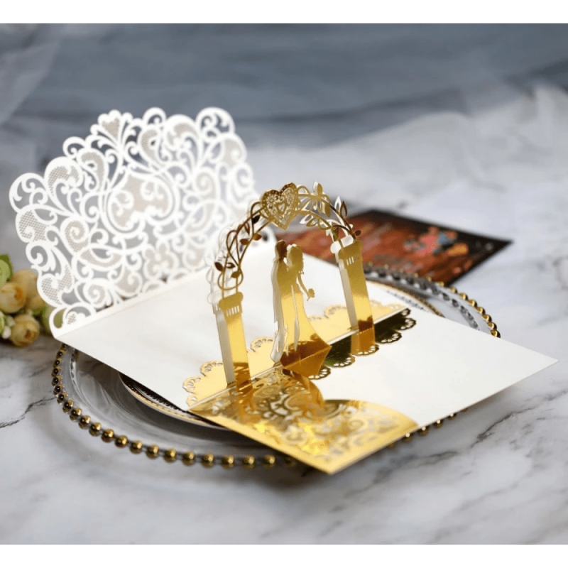 10pcs 3D Pop Up Wedding Invitations Laser Cut Bride & Groom Lace