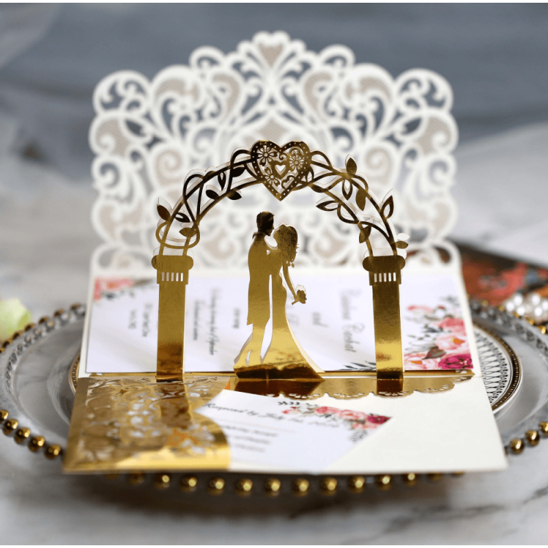 10pcs 3D Pop Up Wedding Invitations Laser Cut Bride & Groom Lace