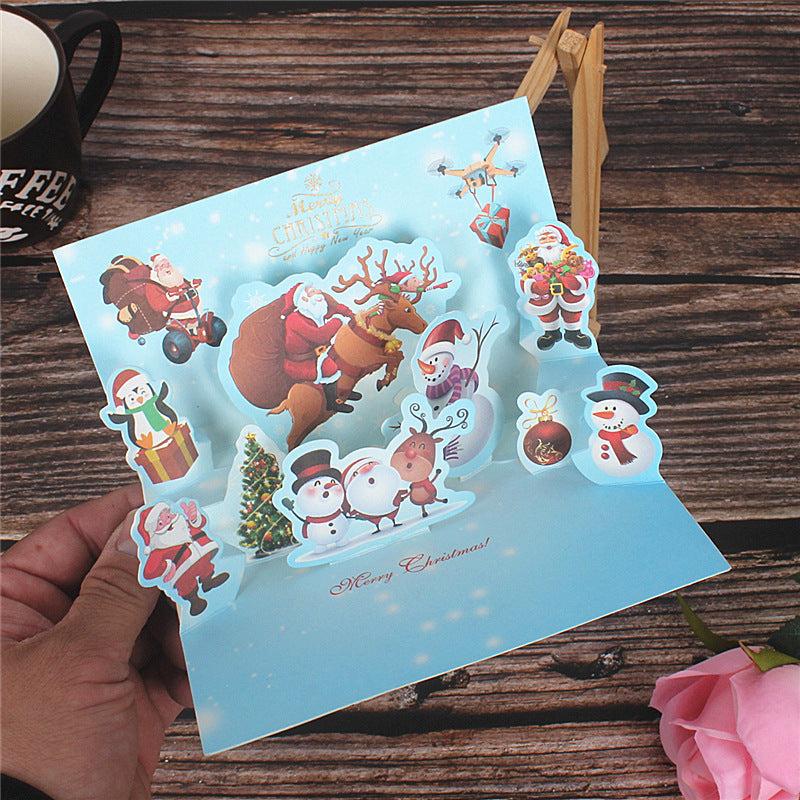 3D Christmas Card Cartoon Santa Snowman Blessing Message Card