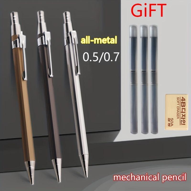 3pcs Automatic Metal Mechanical Pencils Set 0.5mm 0.7mm with Lead & Eraser