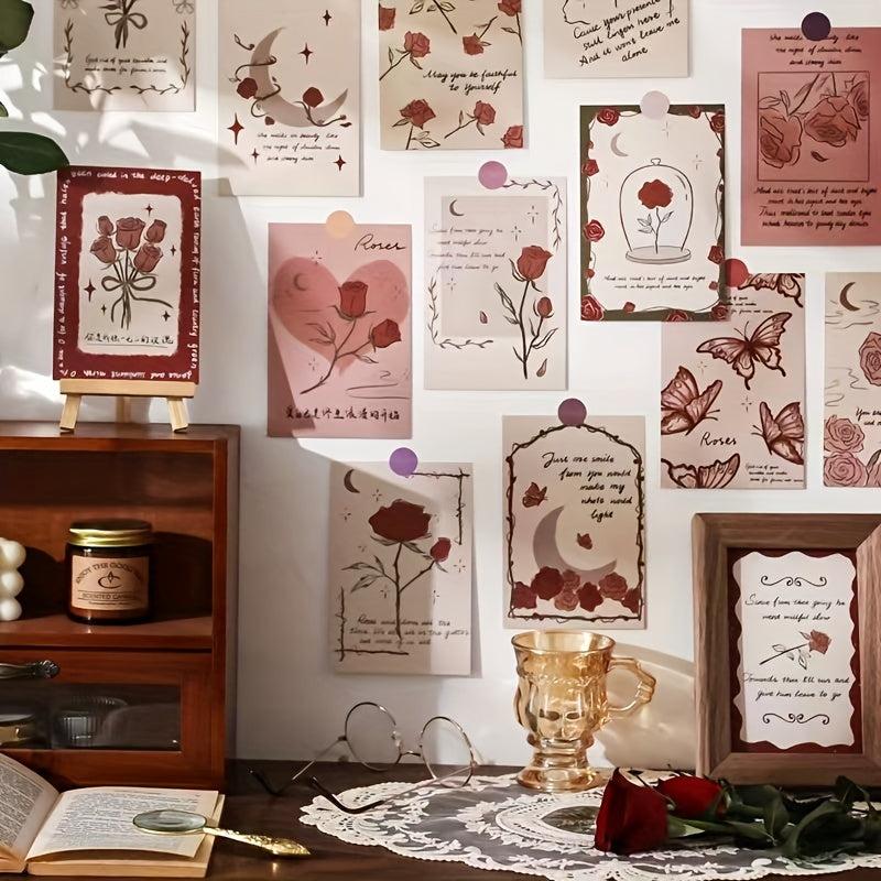30pcs Romantic Rose Decoration Cards Wall Postcard Picture Frame Wall Sticker