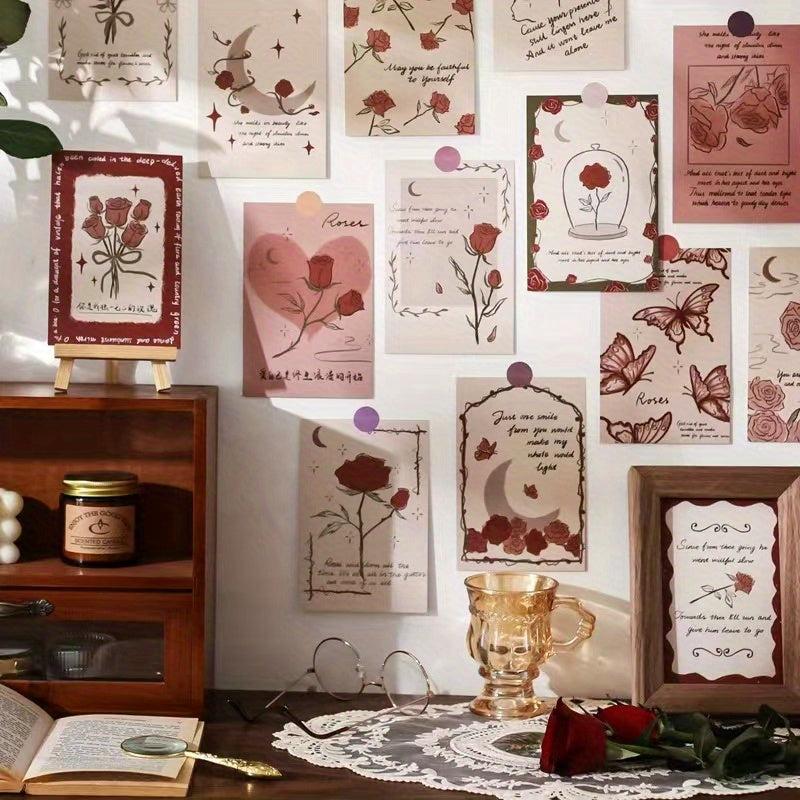 30pcs Romantic Rose Decoration Cards Wall Postcard Picture Frame Wall Sticker