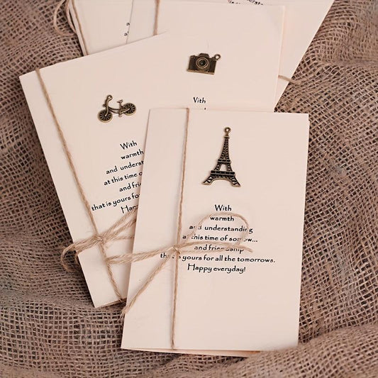 8pcs Christmas Greeting Cards Set With Envelopes & Twine - Vintage Brass Pendant