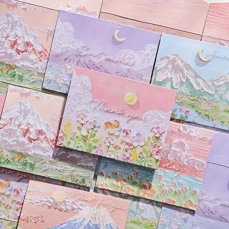 6pcs Landscape Painting Greeting Card Thanksgiving Christmas Birthday Message