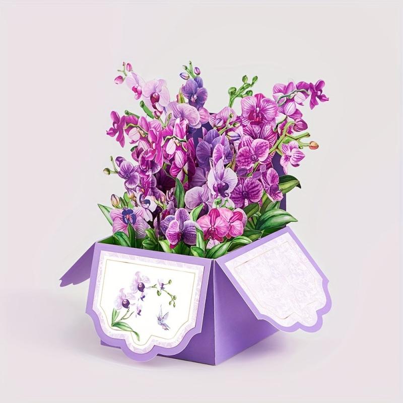 Purple Orchids Pop Up Box Card Christmas Birthday Father Mother