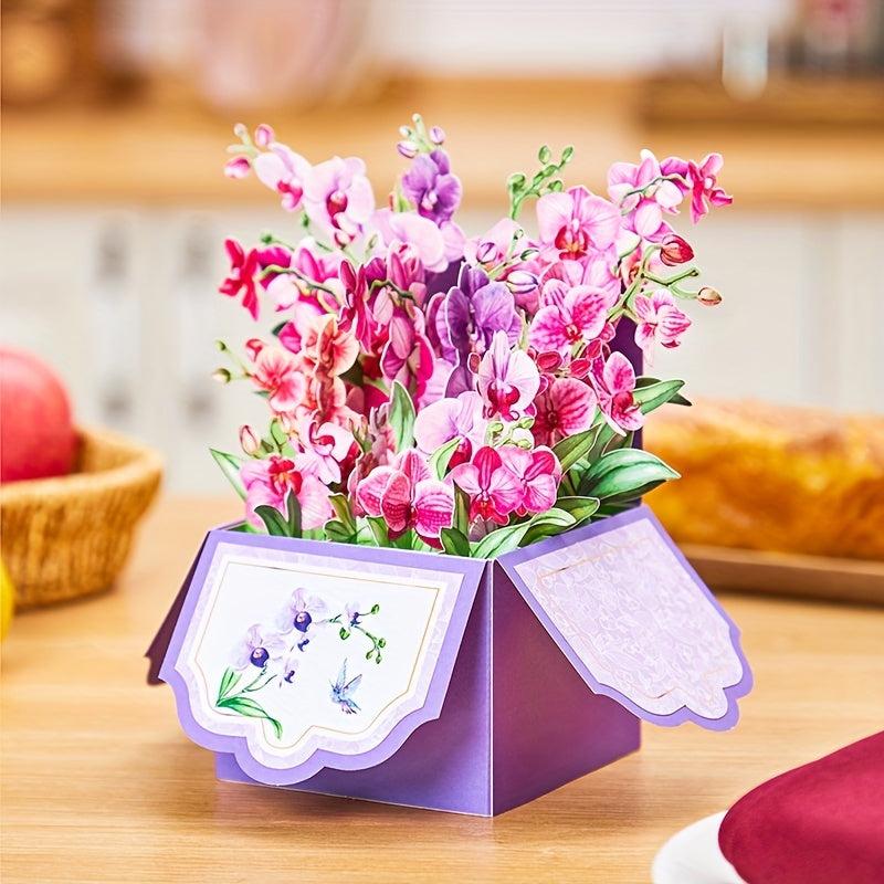 Purple Orchids Pop Up Box Card Christmas Birthday Father Mother