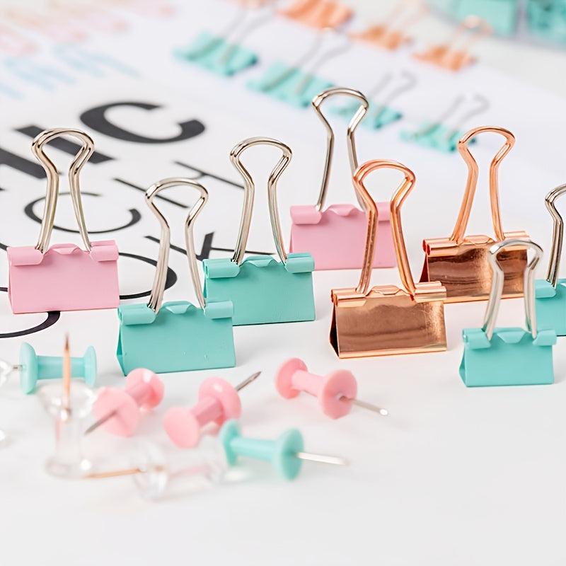 72pcs Binder Clips Paper Clamp Push Pins with Box Holder Office School